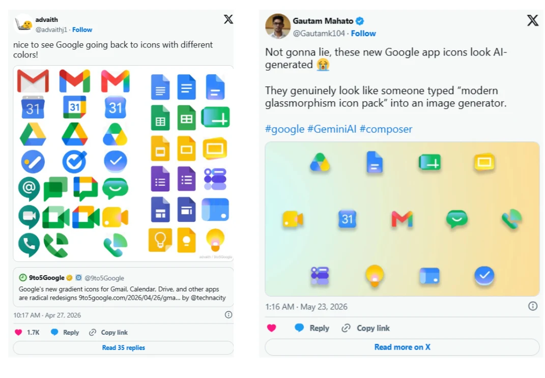 Two posts on X reacting to the redesign: one welcoming icons with different colors, one saying the new icons look AI-generated
