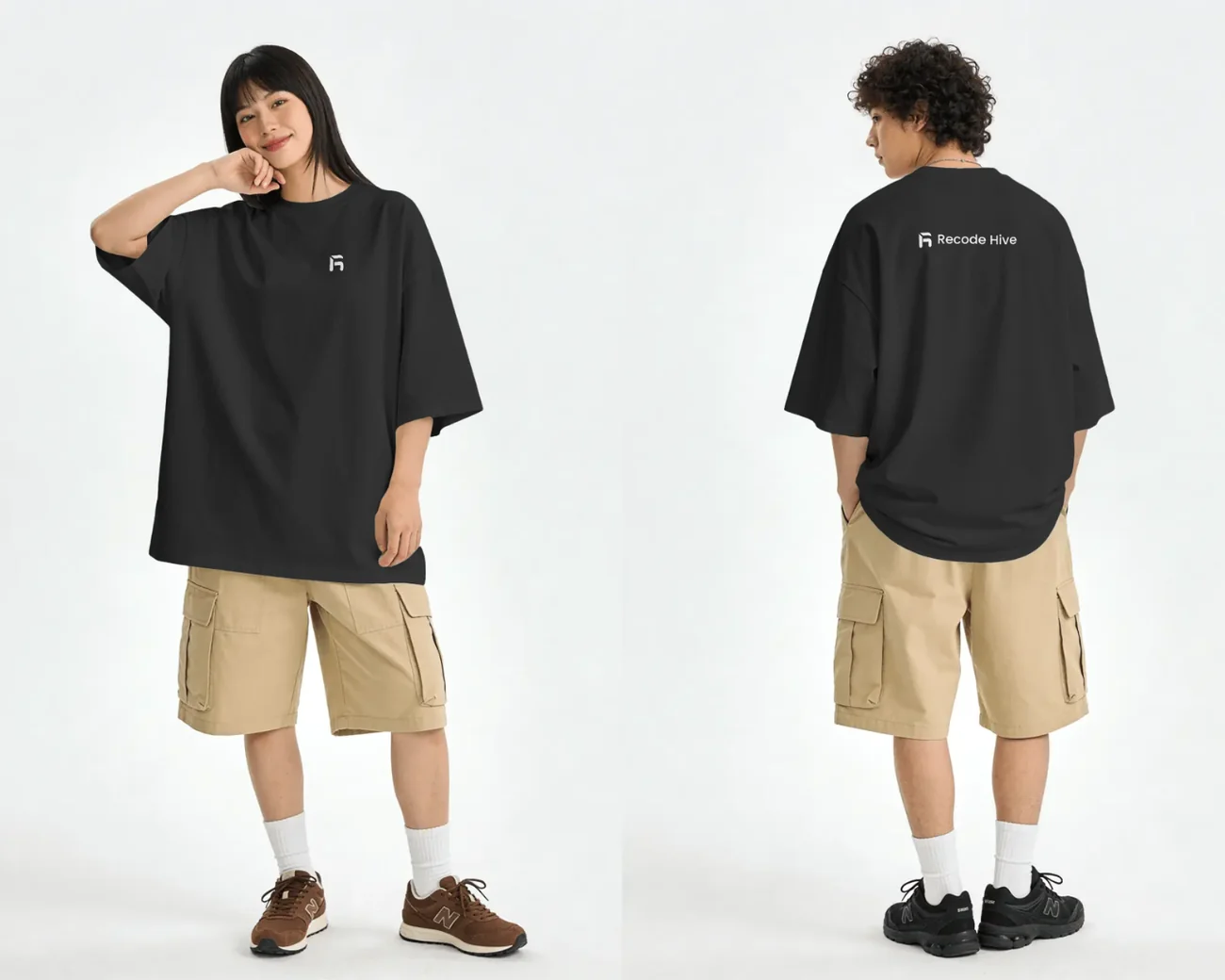 Two people wearing the Hive Oversized Tee, front and back